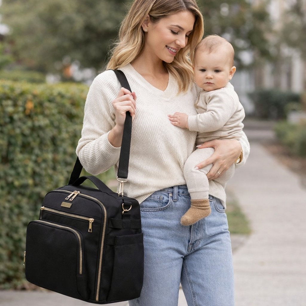 Black On-the-Go Baby Bag.