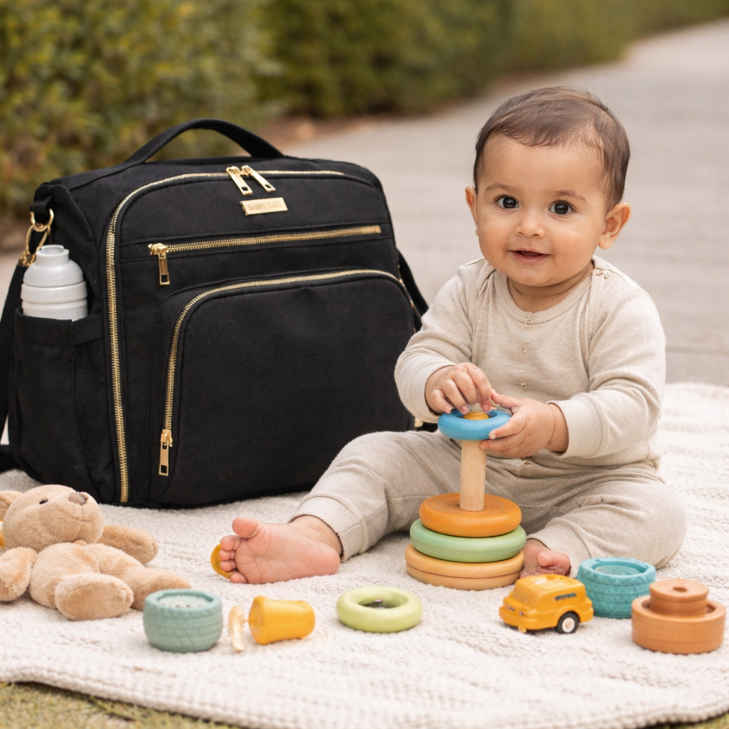 Black On-the-Go Baby Bag.